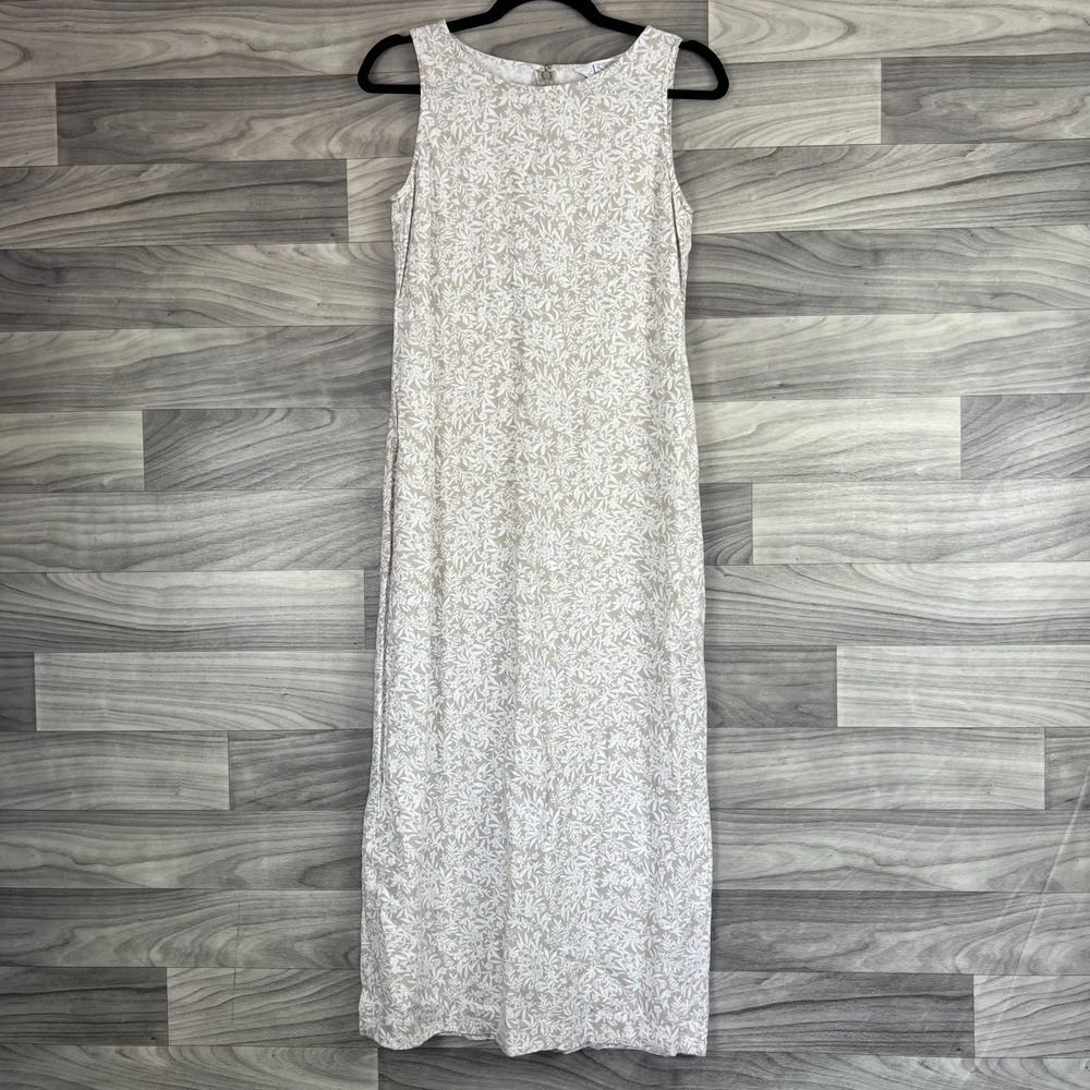 Casual Corner Annex Linen Dress Womens 4 Beige Floral Slit Sleeveless Back Zip‎
